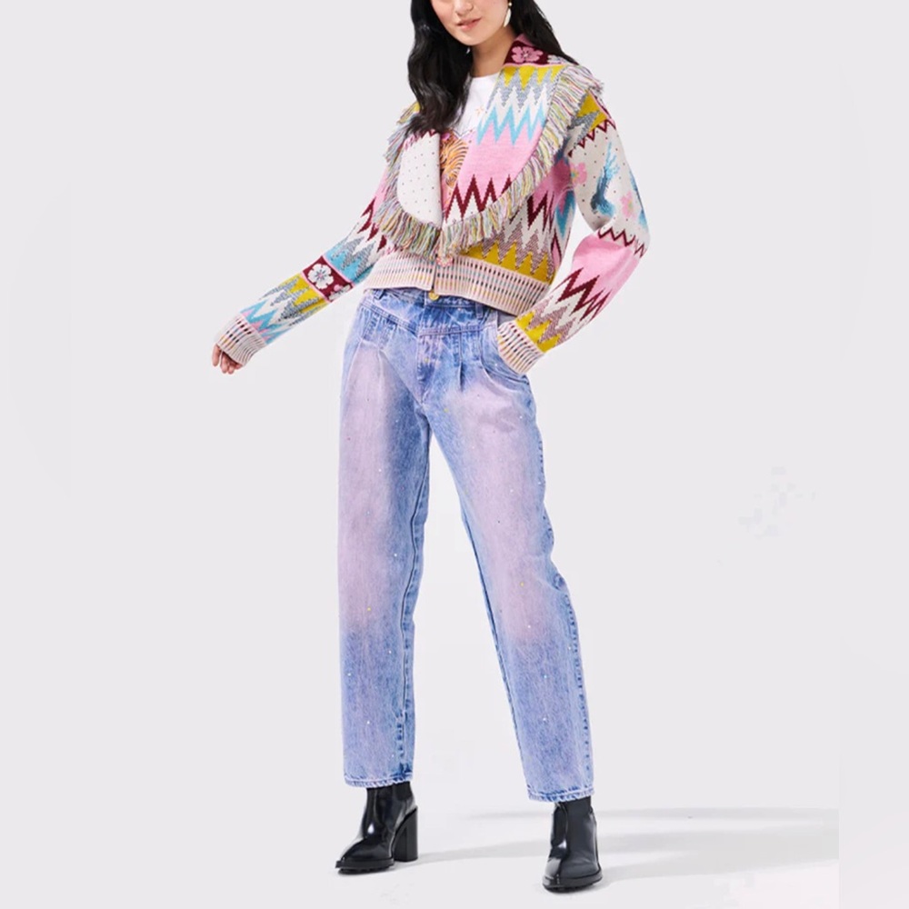 NWT Hayley Menzies Gradient Purple Pink Acid Wash Jeans Tapered Wide Leg Crystal